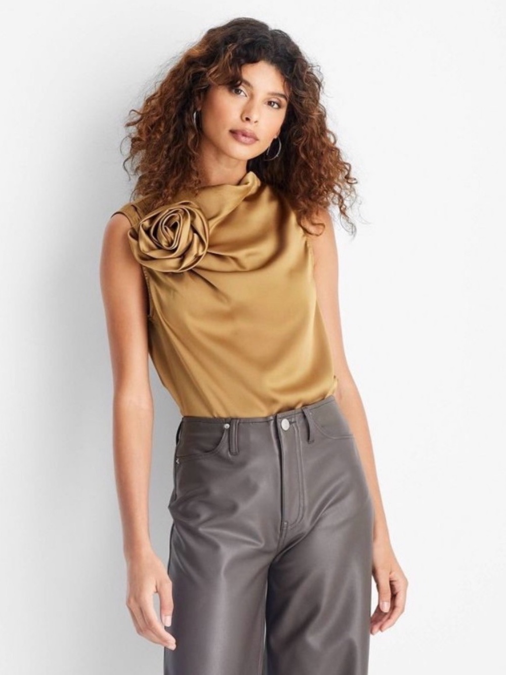Future Collective Women’s Sleeveless
Draped Rosette Top Gold Size L